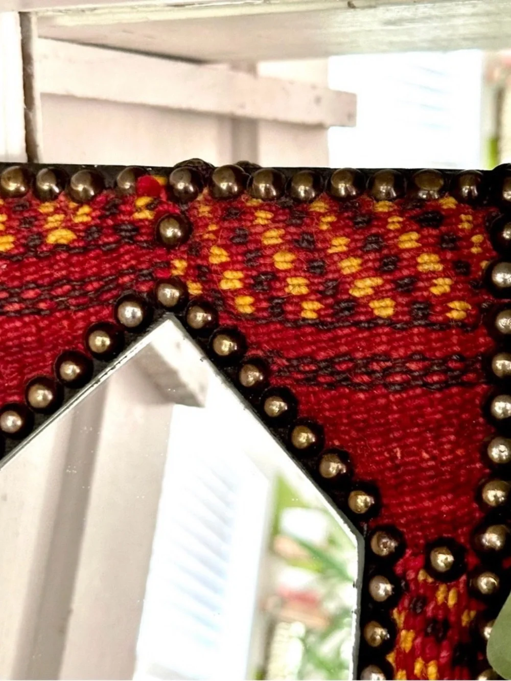 Egyptian Kilim Rug Mirror Studs Vibrant Colors With Carved Metal Red And Gold